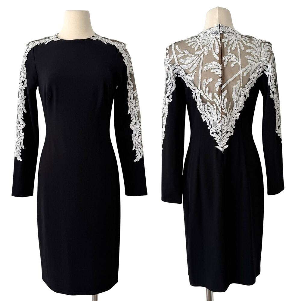 Tadashi Shoji Altan Floral Illusion Long Sleeve Cocktail Dress Black White M